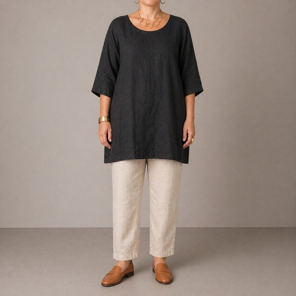 HLD1231 Black Medium Match Point Linen Dress Pocket 3/4 Sleeve Midi Lagenlook